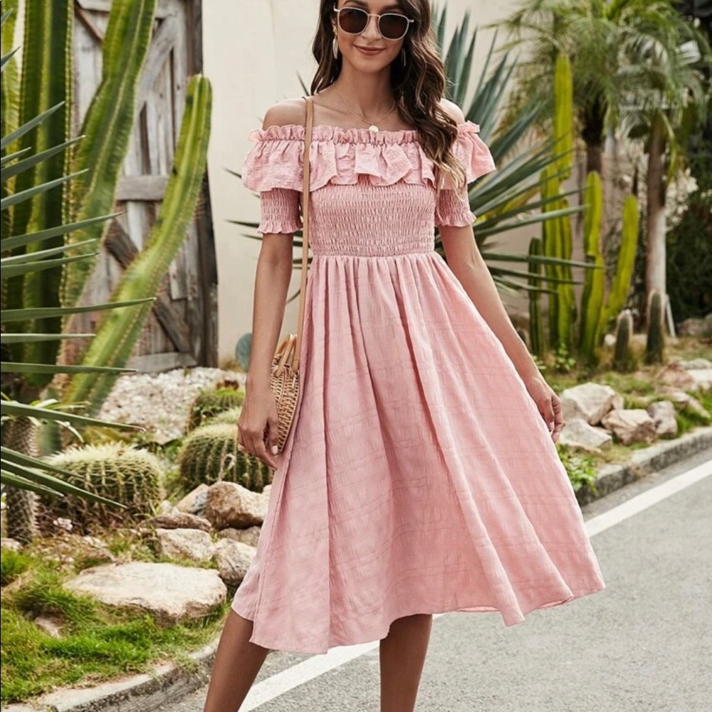 Off-Shoulder Shirred Bodice A-line Dress